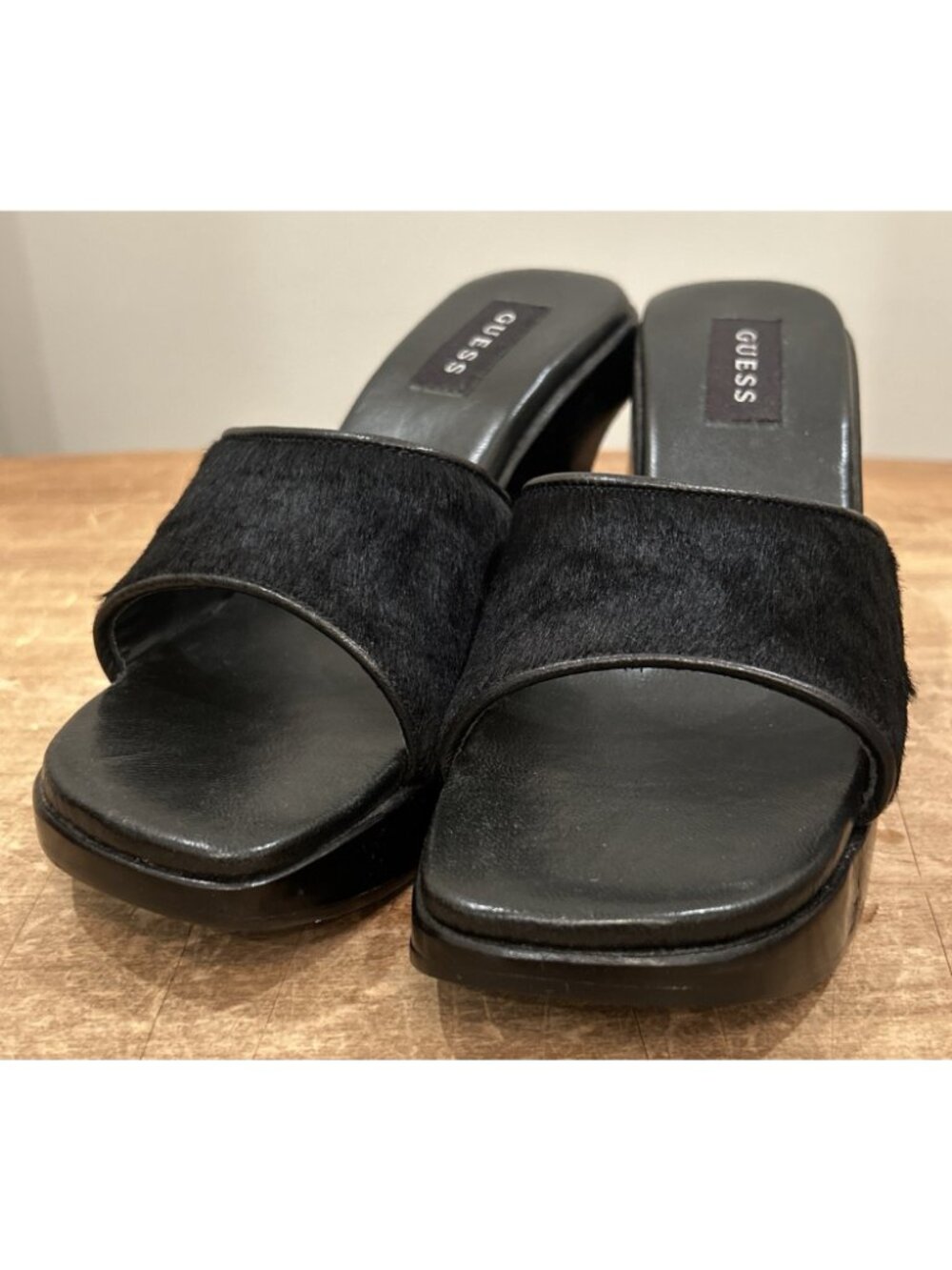 GUESS Y2K Black Calf Hair Platform Cut Out Wedge Slides Sandals US 7.5 Spain - Picture 2 of 5